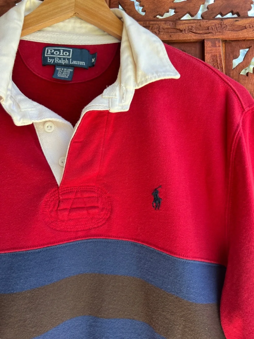 Ralph Lauren Red Rugby Shirt with Navy and Brown Stripes